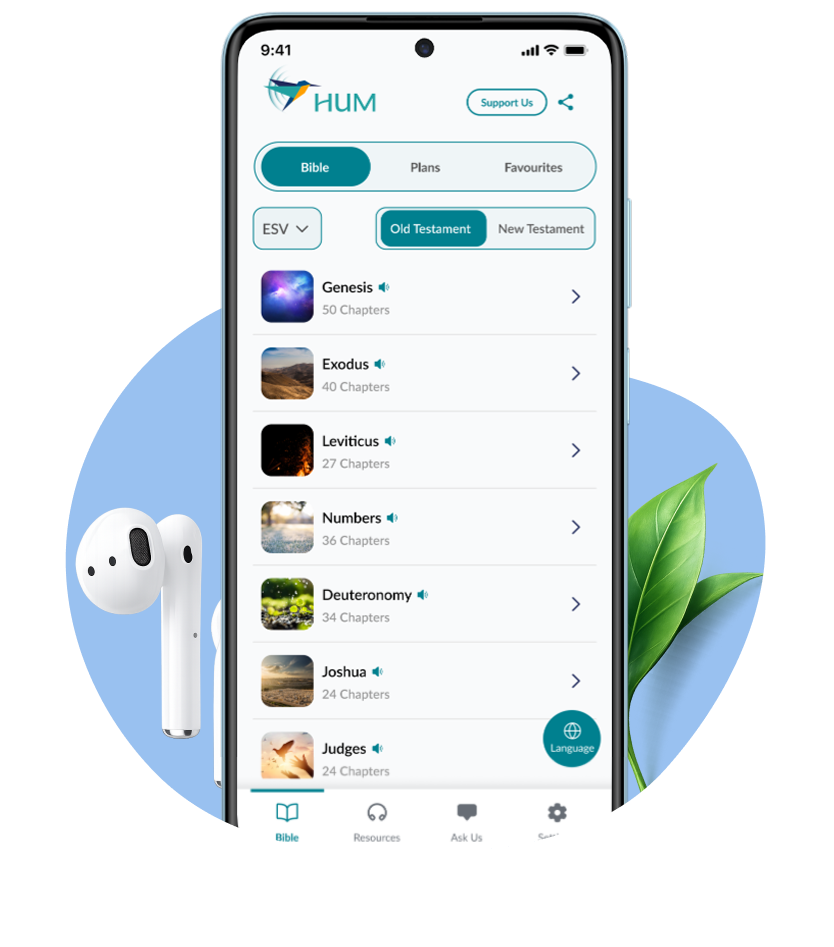HUM app showing the Bible book list, next to wireless earbuds and a plant